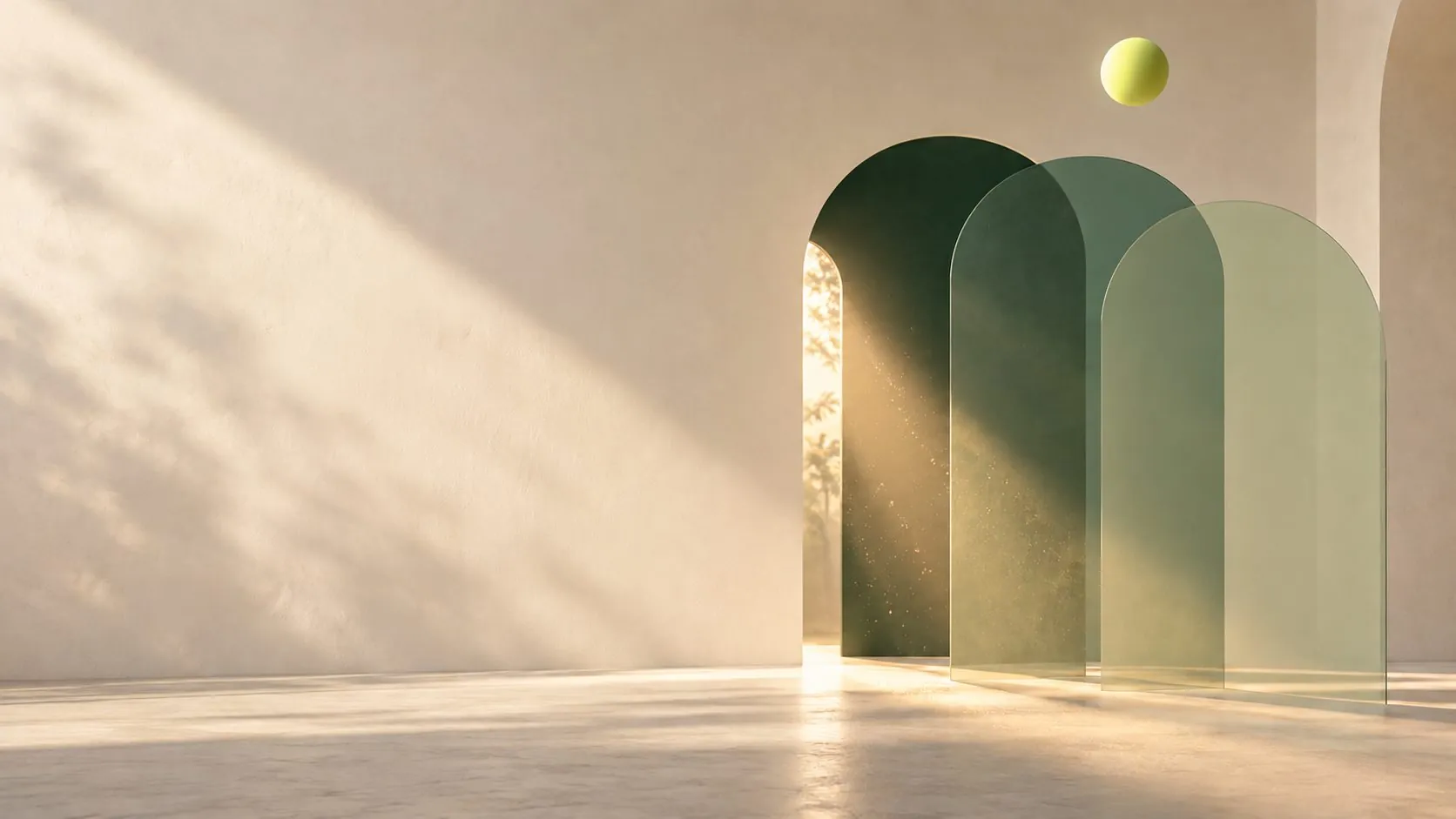 Arcos verdes translúcidos atravesados por luz cálida, con una esfera lima suspendida